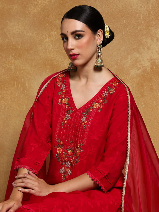 KF Floral Motif Thread Embroidered Yoke Kurta with Trouser & Dupatta
