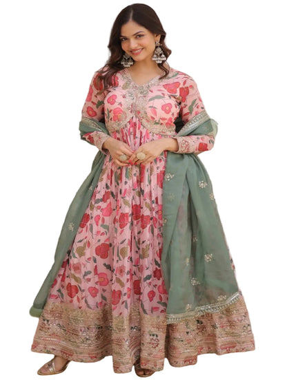 RE Designer Alia Cut Russian Silk Gown with Digital Print & Sequins Work