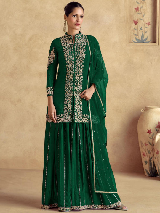 ES Top and Plazzo in Premium Chinon Silk (Free Size Stitch) & Dupatta in Premium Net