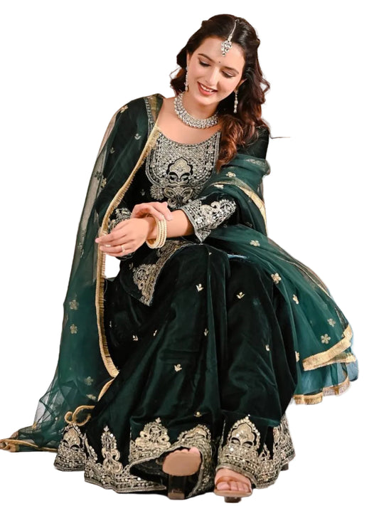 RE Pure Heavy Viscous Velvet Embroidered Sharara Palazzo Suit Set with Butterfly Net Dupatta (Sizes M-XXL)