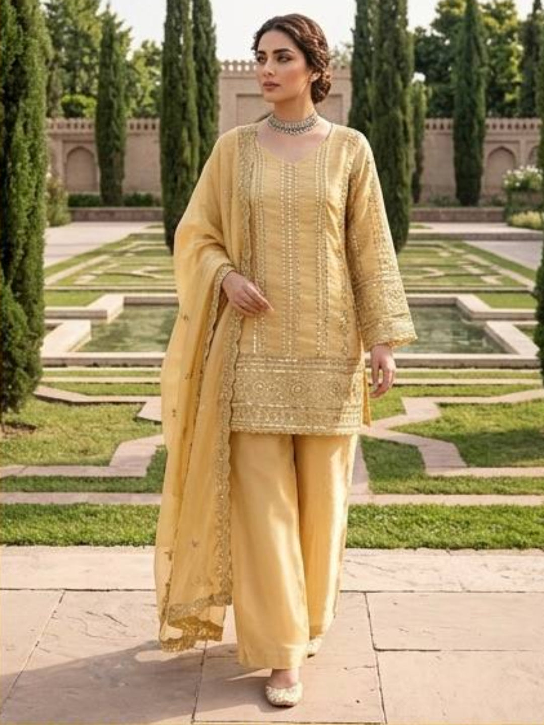 Women’s JMC Silk Thread & Sequence Embroidered Kurta Palazzo Set with Dupatta-RE