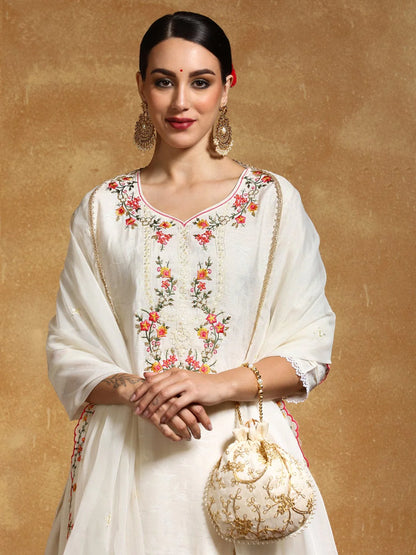 KF Floral Motif Thread Embroidered Yoke Kurta with Trouser & Dupatta