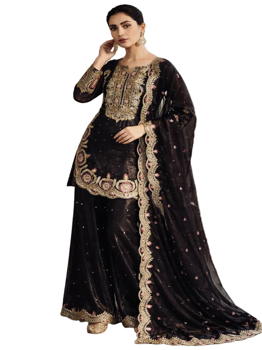 RE Pure GMY Silk Embroidered Top & Plazzo Set with Sequence & Riveted Moti Work