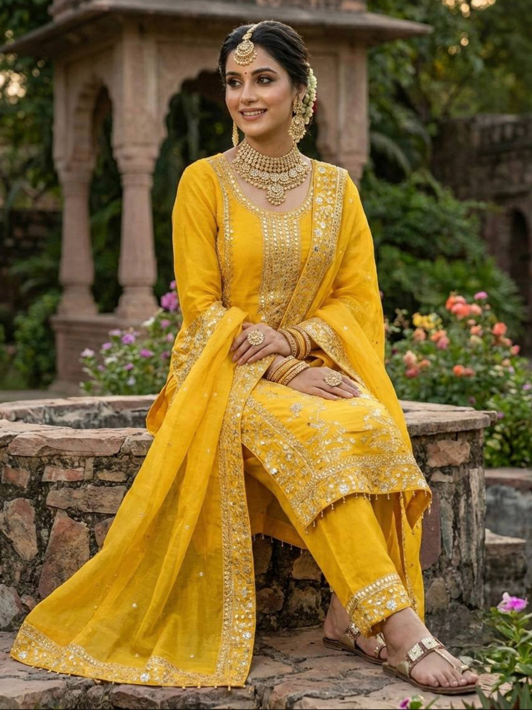 RE Pure GMY Silk Embroidered Suit Set with Sequence Work Palazzo and Dupatta (Sizes M-XXL)