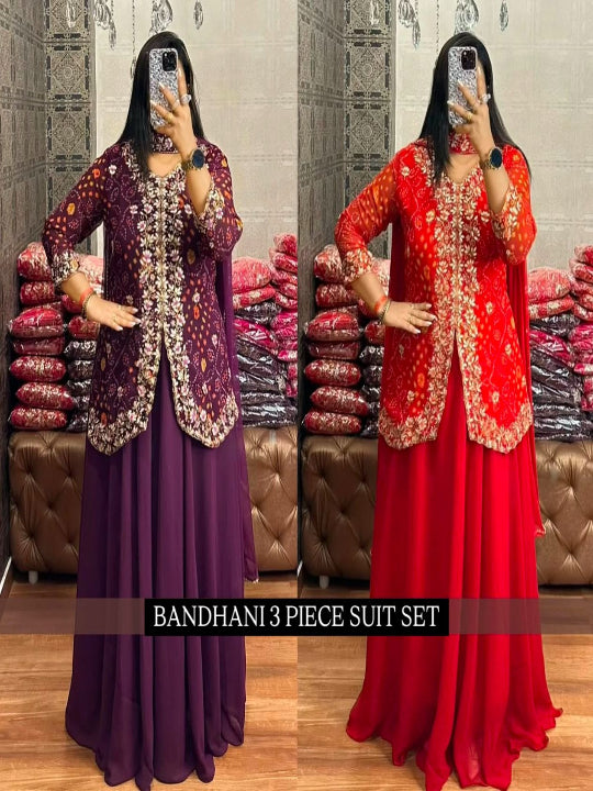 ES Women Faux Georgette Bandhani Koti-Lehenga 3 piece suit set
