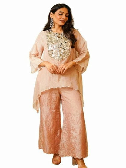 RE Designer Tebby Silk Co-ord Set with Mirror Work & Semi-Bell Sleeves
