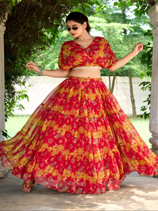 Chiffon Floral Print Stitched Lehenga Choli