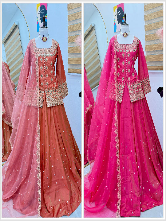 ES New Designer Shimmer Silk Party Top Lehenga & Dupatta Set