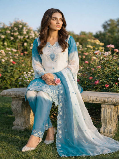 RE Pakistani Pure GMY Silk Digital Printed Suit Set with Embroidery & Cut-Work Sleeves (Sizes M-XXL)