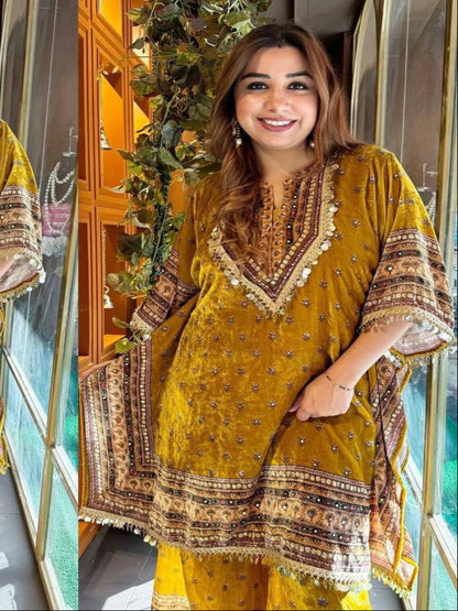 YNF Elegant Kaftan Dress Set (Navy/Yellow) | Viscose Velvet Fabric