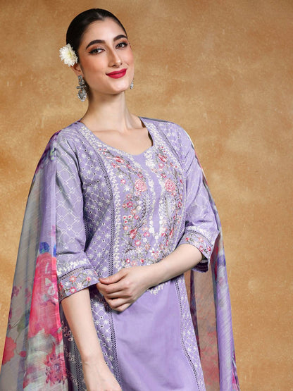 KF Thread Embroidered Kurta With Trouser & Floral Printed Dupatta