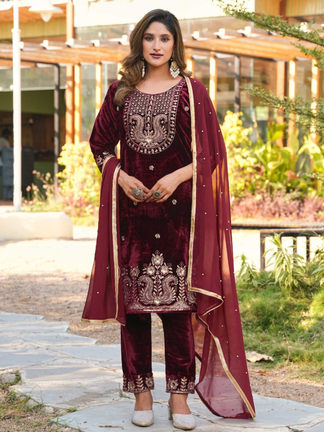 RE Designer 9000 Velvet Embroidered Suit Set with Sequin Work & Pearl Lace Dupatta (M-XXL)