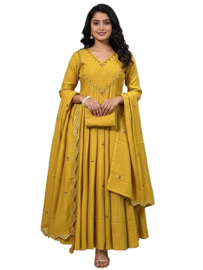 YNF Top Quality Chanderi 3-Piece Set: Round Kurti, Pant & Full-Length Dupatta