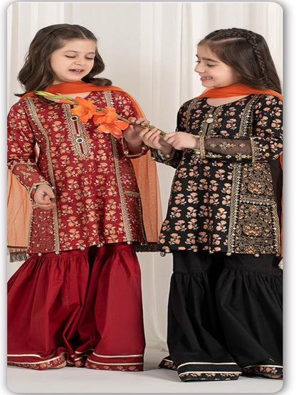 ES Elegant Heavy Chinon Top, Sharara, and Dupatta Set with Sequin Work for girls