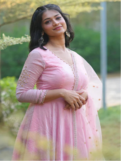 RE Designer Pink Chinnon Silk Anarkali with Complete Lining and Matching Dupatta