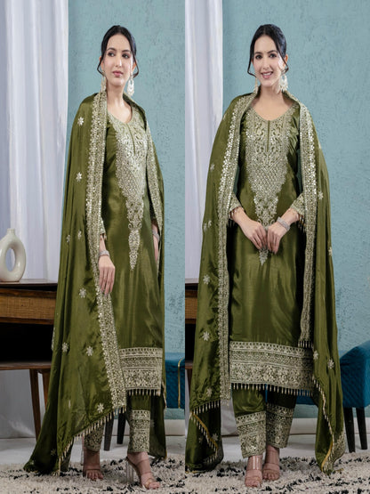 ES Chinnon Silk Suite With Heavy Embroidery Coding Sequence Work