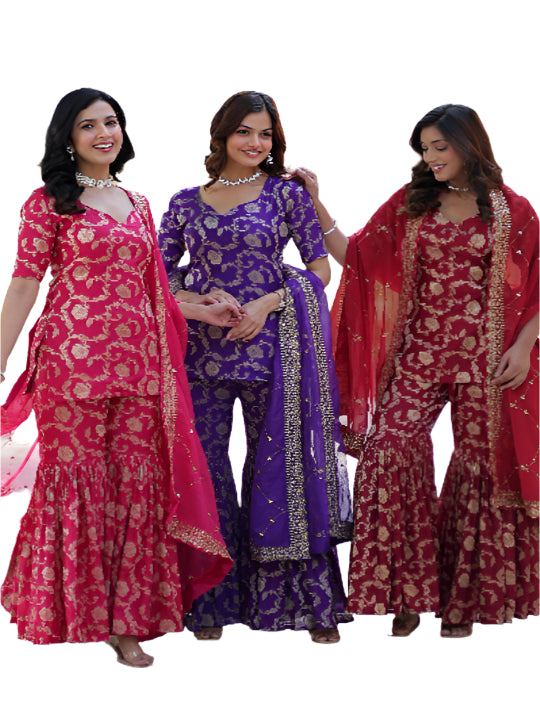 ES Georgette Jacquard Top, Gharara, and Dupatta with Sequins Embroidery and Lace Border