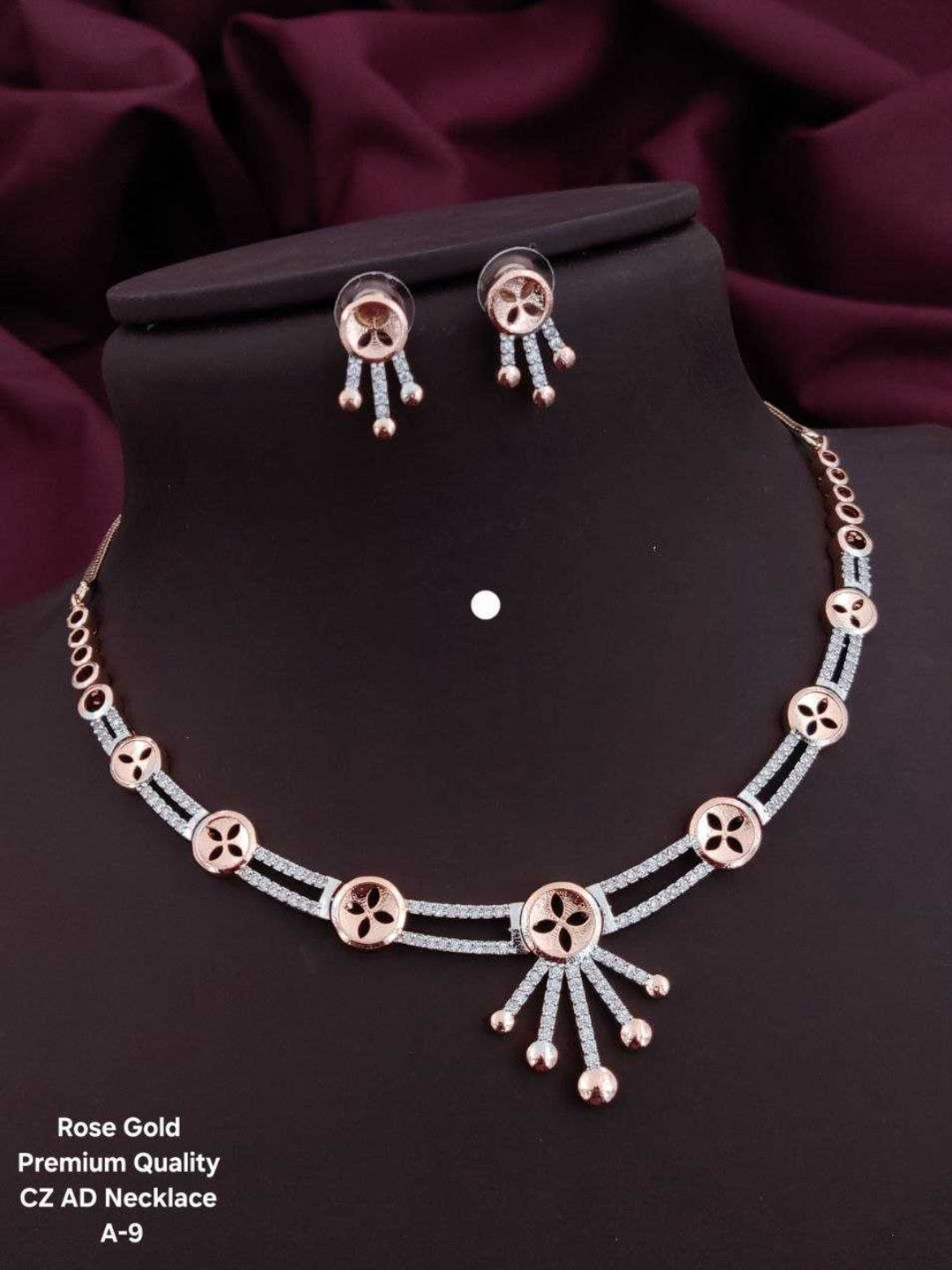 YNF Premium Rose Gold Plated AD Diamond Necklace Set with Dual-Tone Floral Design