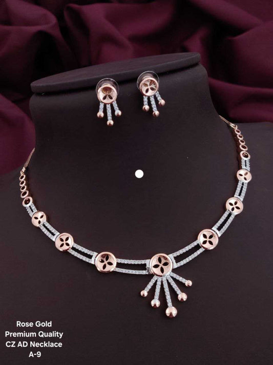 YNF Premium Rose Gold Plated AD Diamond Necklace Set with Dual-Tone Floral Design