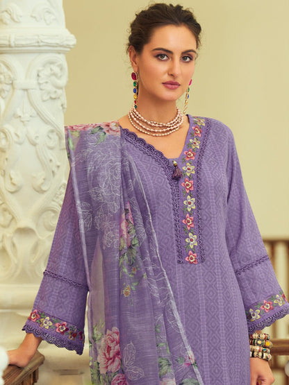 KF Women Floral Motif Thread Embroidered & Orangza Lace Detailed Kurta With Trouser & Dupatta