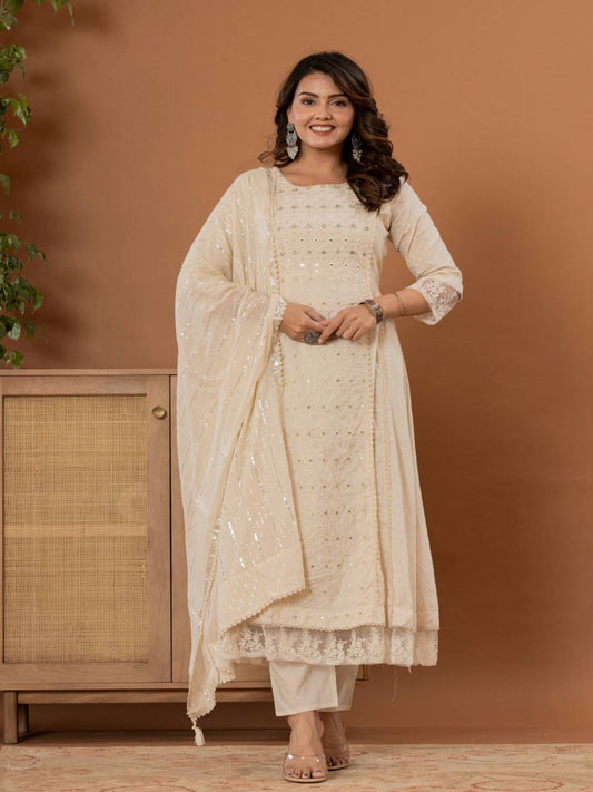 KF Women Embroidered Panelled Mirror Work Pure Cotton Kurta with Trousers & Dupatta