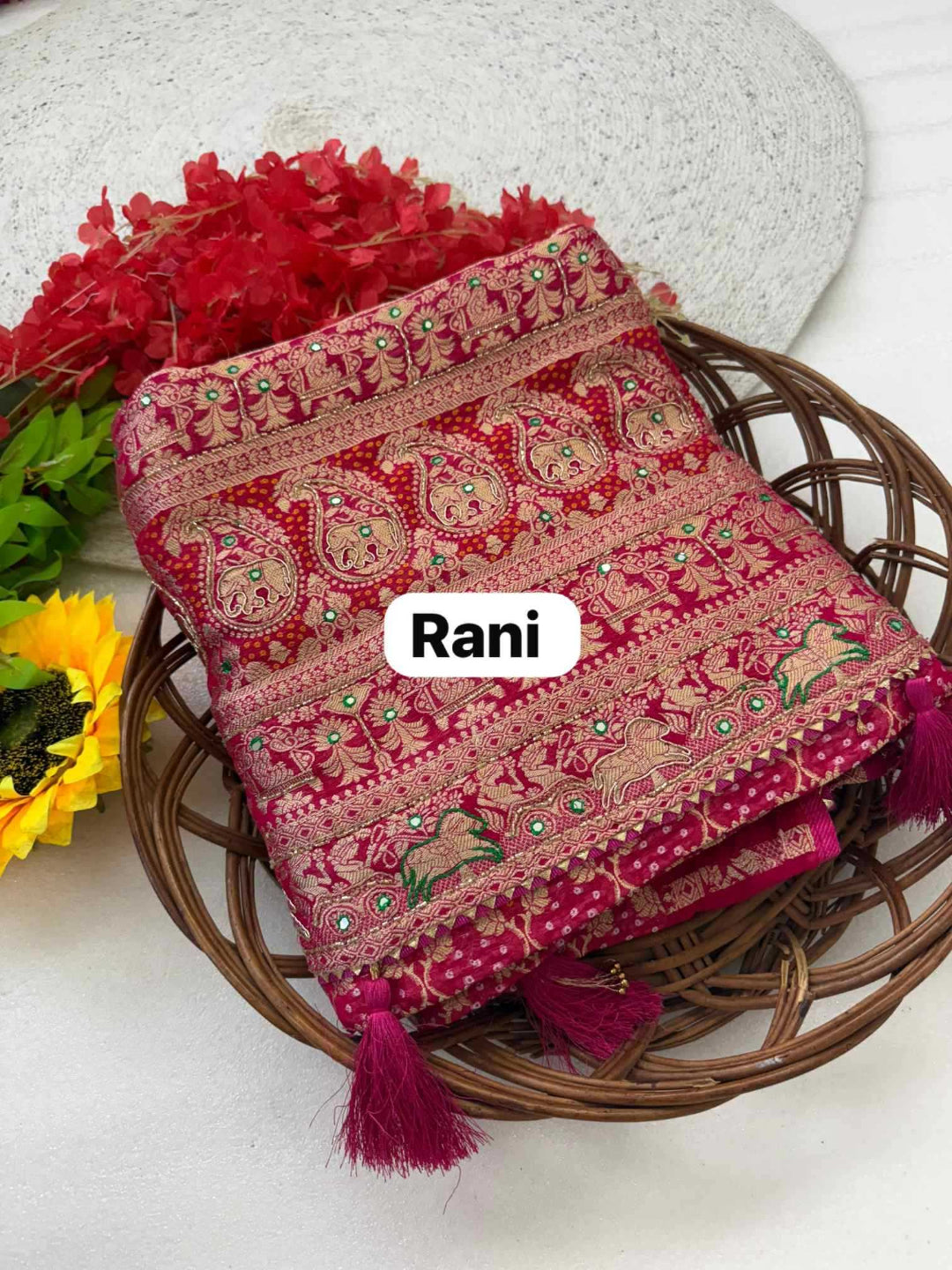 YNF Elegant Rani & Maroon Pure Georgette Khadi Silk Blend with Ghadchola Frill