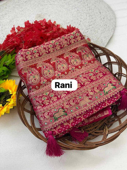 YNF Elegant Rani & Maroon Pure Georgette Khadi Silk Blend with Ghadchola Frill