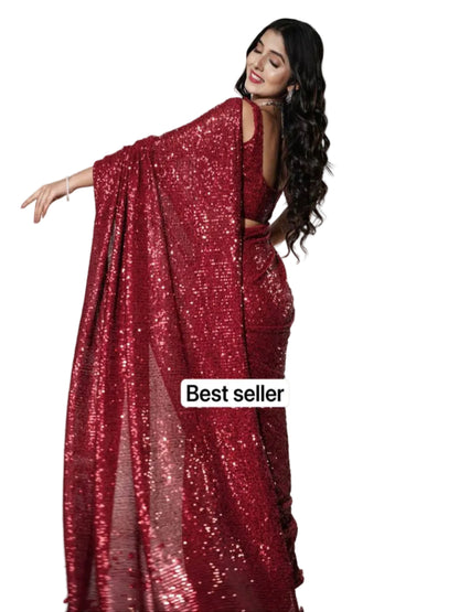 RE Designer Red Georgette Saree with All-Over Sequins & Banglori Silk Blouse