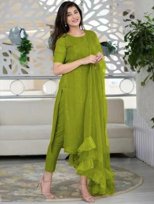 ICF Women Multi-Color Slub Cotton Kurti Set with Pant & Dupatta