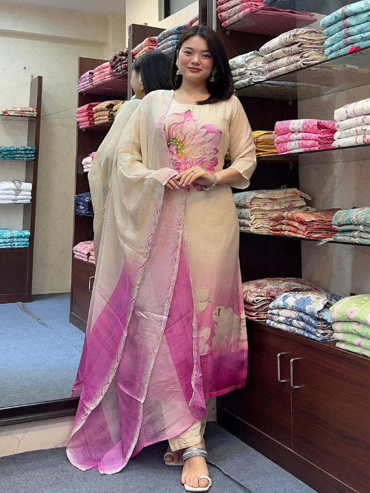 ES Elegant Heavy Orgenza Suit Set with Hand Work - Top, Bottom & Dupatta