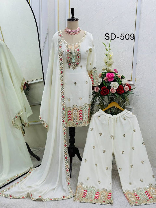 ES Pure Chinon Silk Top-Plazzo with Dupatta Set Fully Stitched
