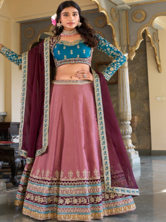 ES Designer Moonga Silk Lehenga Choli Dupatta with Sequins and Thread Embroidery Work