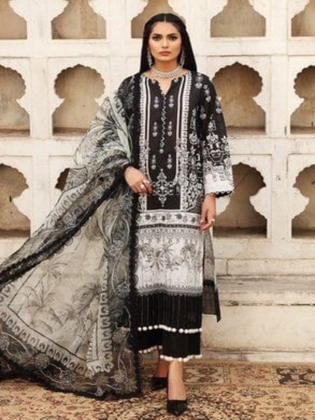 ICF Women's Silk Blend Black & White Printed & Embroidered Kurti with Pant & Dupatta Set