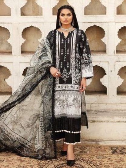 ICF Women's Silk Blend Black & White Printed & Embroidered Kurti with Pant & Dupatta Set