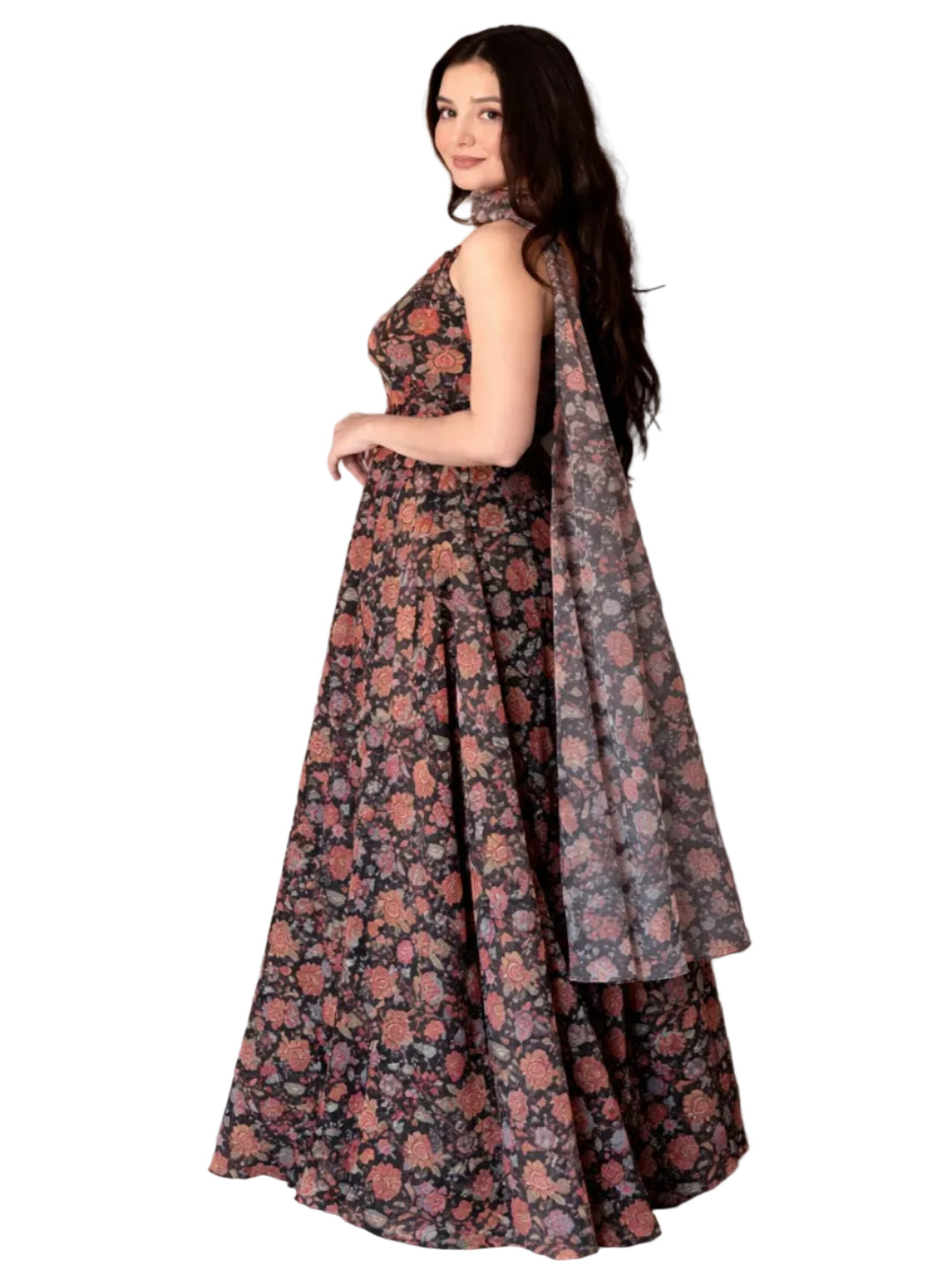 RE Digital Floral Print Soft Organza Gown with 4m Flair & Dupatta