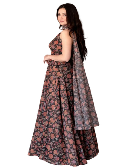 RE Digital Floral Print Soft Organza Gown with 4m Flair & Dupatta