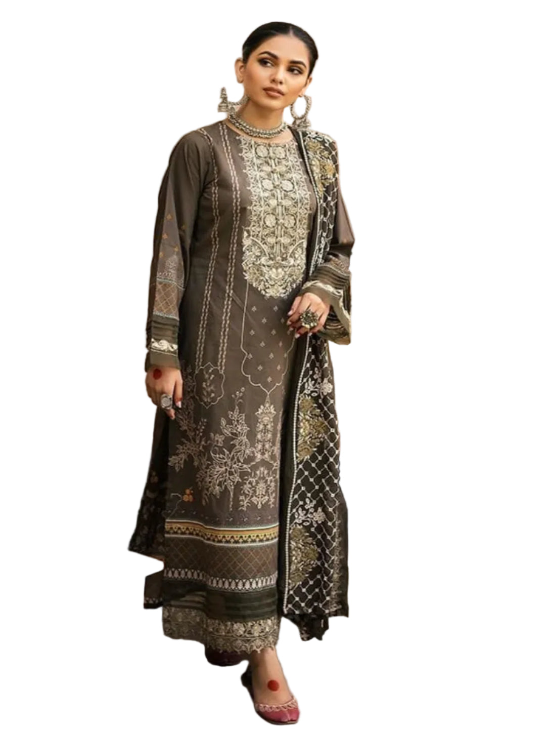 ICF Women's Silk Blend ICF Women's Silk Blend Brown Flora Printed & Embroidered Kurti with Pant & Dupatta Set Printed & Embroidered Kurti with Pant & Dupatta Set