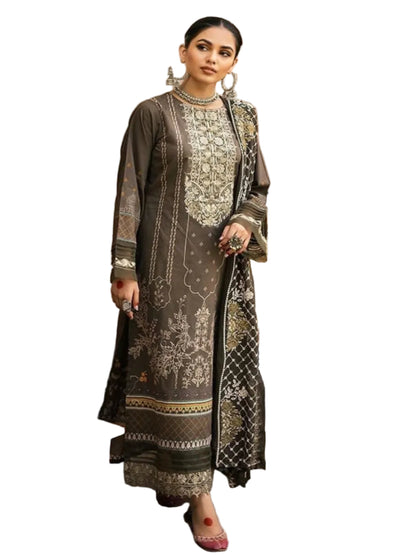 ICF Women's Silk Blend ICF Women's Silk Blend Brown Flora Printed & Embroidered Kurti with Pant & Dupatta Set Printed & Embroidered Kurti with Pant & Dupatta Set