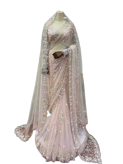 YNF Soft Net Saree, Blouse, & Dupatta Set | Thread & Sequin Work