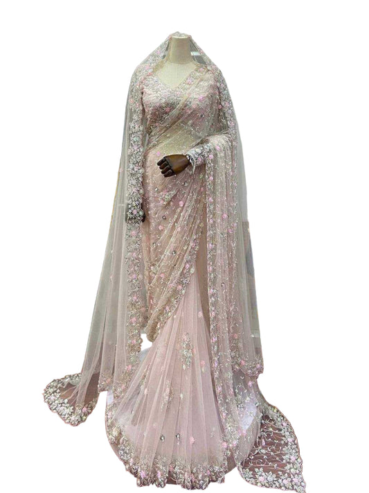 YNF Soft Net Saree, Blouse, & Dupatta Set | Thread & Sequin Work