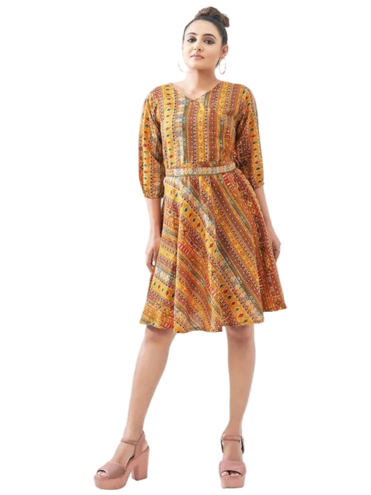 MV Women's Multi-Colour Printed Cotton Round Neck Top with Matching Belt