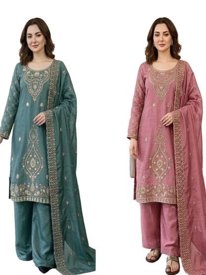 Women’s Jimmy Choo Silk Embroidered Top and Sharara Set with Sequence Cutwork Dupatta - RE