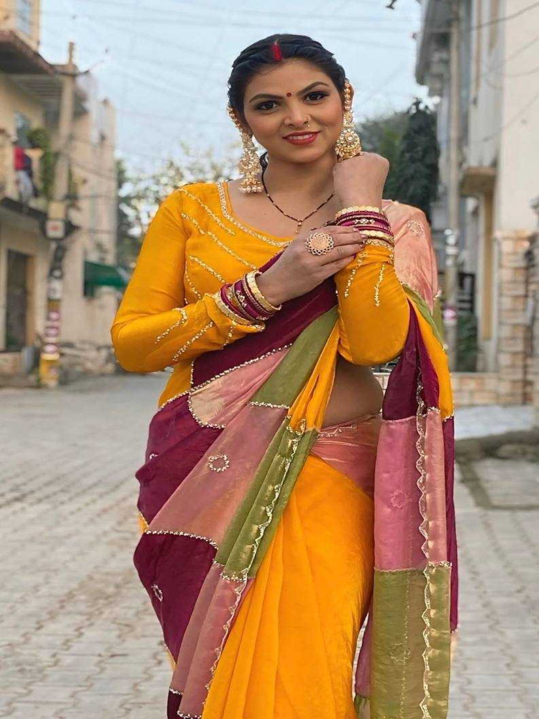 Women's Soft Space Silk Multi-Print Saree with Katdana Handwork Border and Heavy Work Blouse-RE