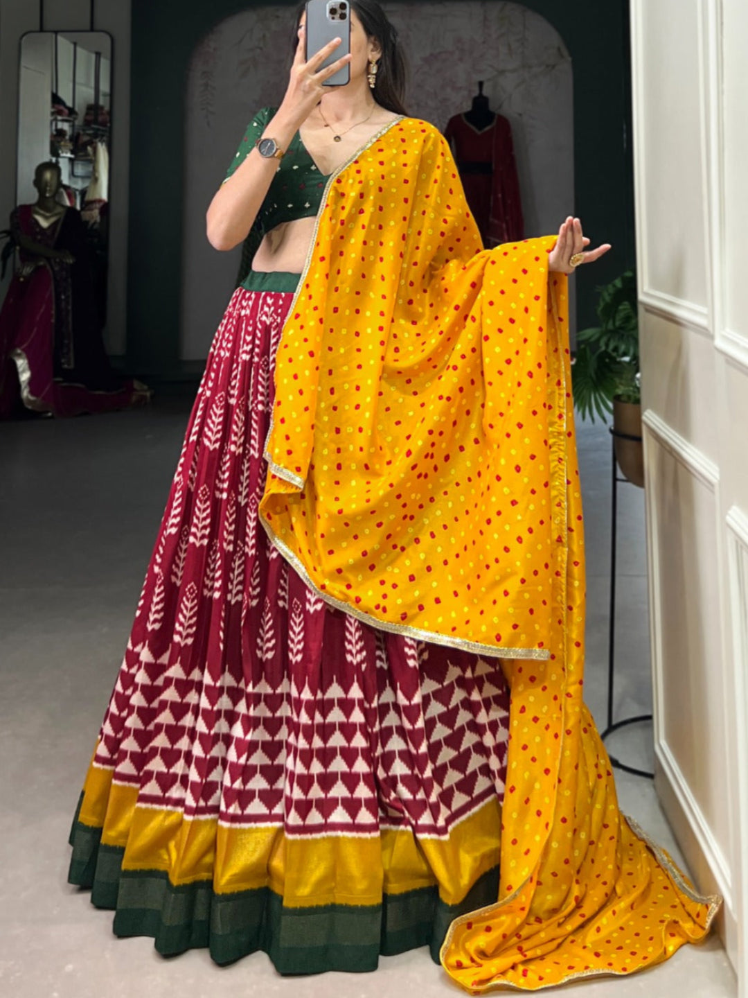 ES Tushar Silk Stitched Lehnga Set with Blouse Piece & Dupatta - Bandhej Print