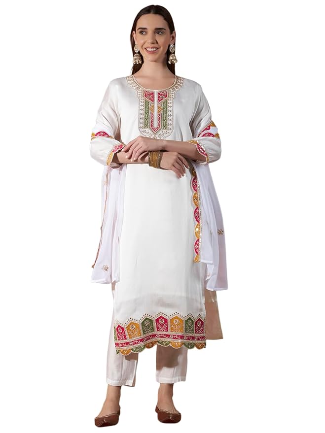 ICF Women’s White Vertigan Embroidered Kurta Set with Georgette Dupatta