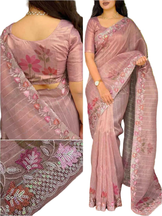 YNF Kaisha Beige Glass Tissue Organza Saree with Sequin & Multi-Color Thread Work