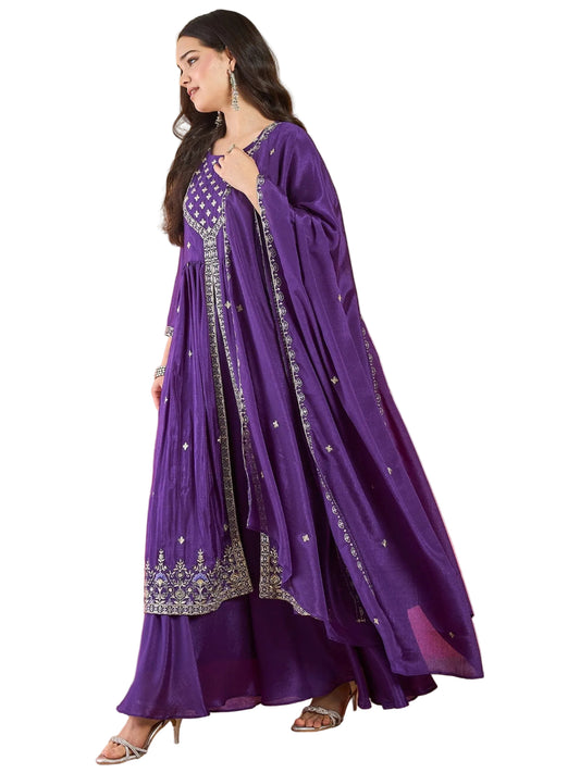 Varanga Women's Purple Silk Blend Yoke Design Kurta with Sharara and Embroidered Dupatta