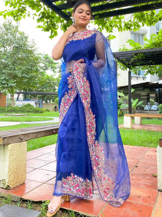 ES Heavy Organza  Silk Saree & Multi-Color Thread Embroidery Work with Blouse
