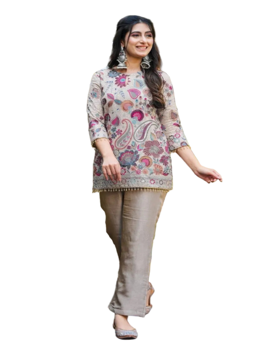 RE Embroidered Vichitra Silk Kurti and Pant Set with Side Pocket