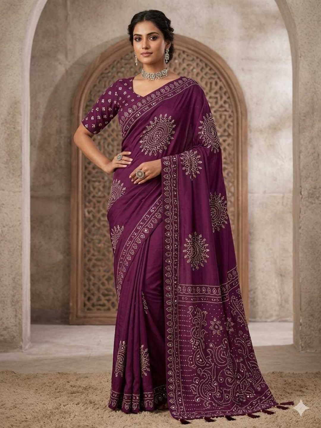 YNF Ajrakh Print Soft Satin Crepe Silk Saree with Real Mirror Work